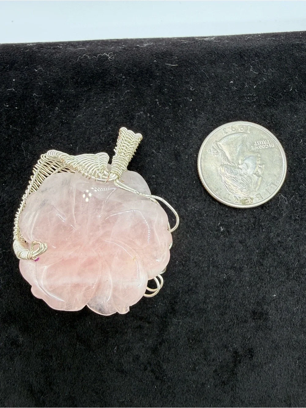 Carved Rose Quartz Flower Pendant Silver Tone Wire Wrapped Statement Jewelry